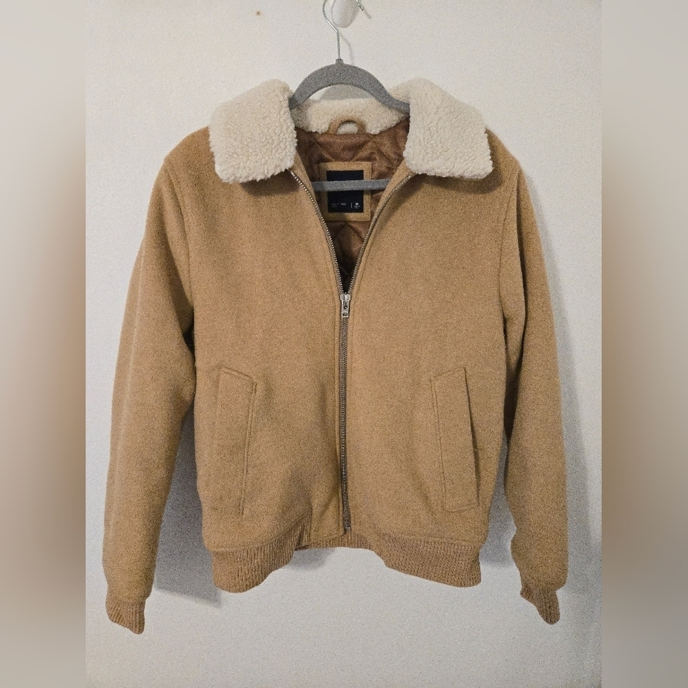 Abercrombie & Fitch Mens Wool Camel Color Size Large Fur Flight Bomber Jacket
